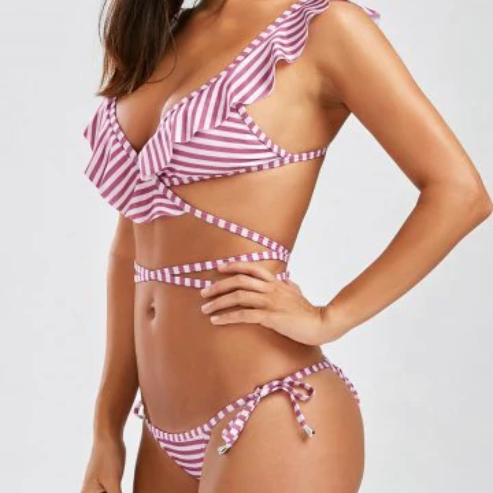 Zaful Striped Ruffles Strap Wrap String Bikini Set - Picture 2 of 2